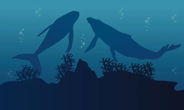 Silueta de ballena grande y arrecife en el paisaje oceánico — Vector de stock