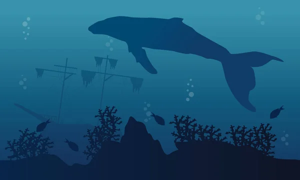 Silueta de ballena grande y paisaje del barco — Vector de stock