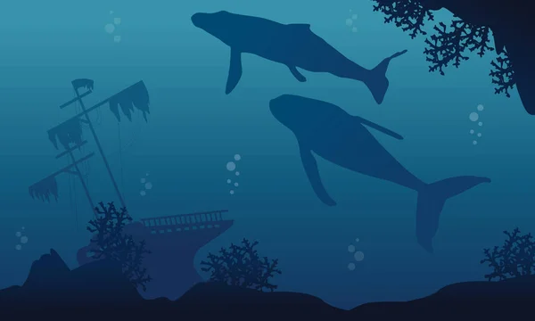 Ballena y barco en siluetas de paisaje submarino — Vector de stock