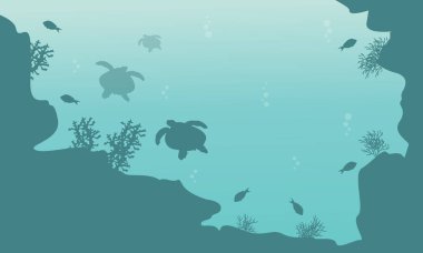 Kaplumbağa ve balık manzara sualtı silüeti