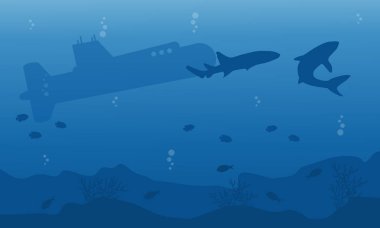 Ob mavi deniz denizaltı ve köpekbalığı silüeti