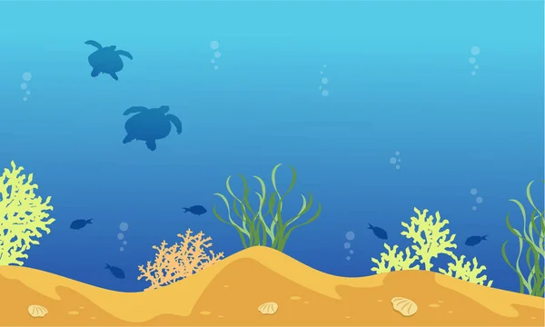 Τοπίο της χελώνας και τα ψάρια σιλουέτες σε υποβρύχια — Διανυσματικό Αρχείο