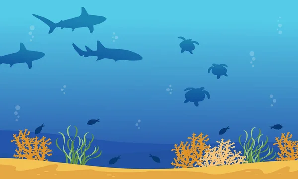 Unterwasserlandschaft mit Hai und Schildkröte — Stockvektor
