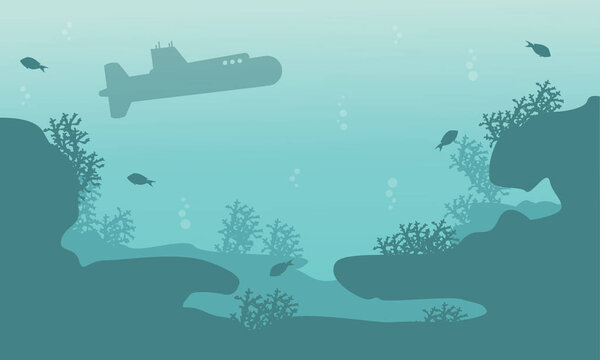 Silhouette of submarine and reef ocean landscape