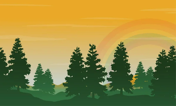 Estilo de siluetas de paisaje de abeto y arco iris — Vector de stock