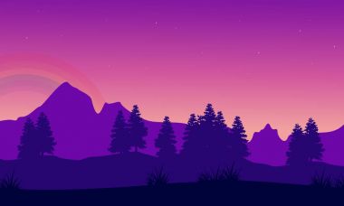 Ağaç peyzaj ile dağ silueti