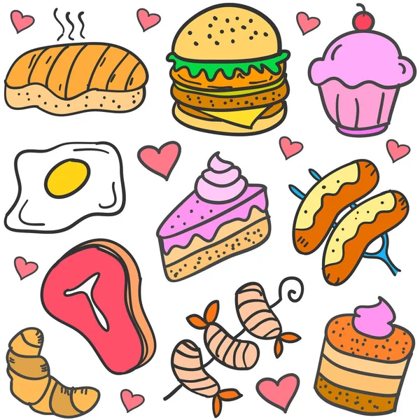 Çeşitli kek ayarla gıdaların doodle — Stok Vektör