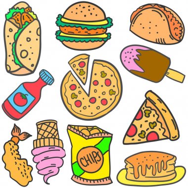 Gıdaların doodle çeşitli burger içki