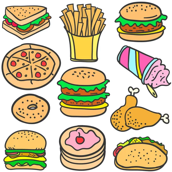 Doodle van voedsel met Hamburger cake — Stockvector