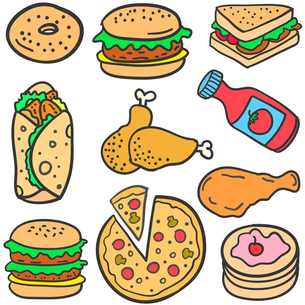 Doodle di vari fast food — Vettoriale Stock