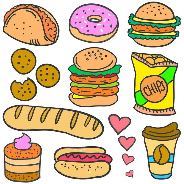 Doodle, potravin, různých nastavení — Stockový vektor