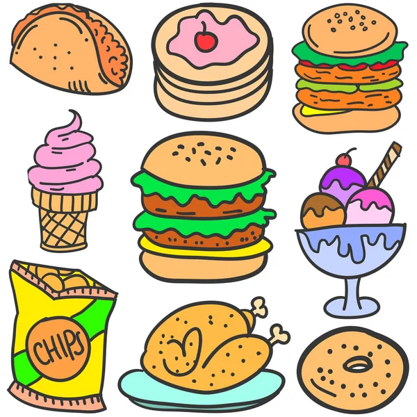 Doodle a különböző meghatározott élelmiszer-stílusban — Stock Vector