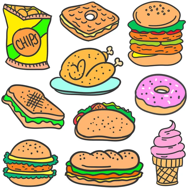 Ustaw styl żywności różnych doodli — Wektor stockowy