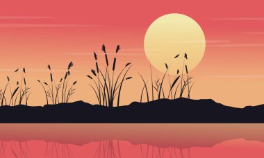 Göl ile kaba çim manzara siluet