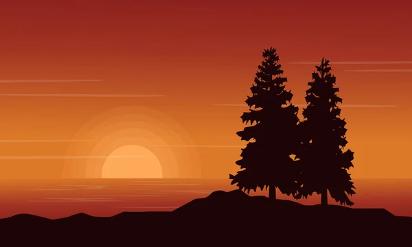 Al atardecer paisaje lago con siluetas de abeto — Vector de stock