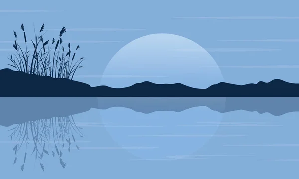 Sylwetka grubej trawy na jezioro krajobraz — Wektor stockowy