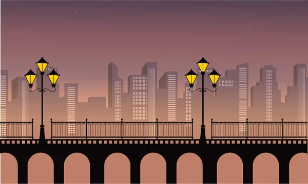 Пейзаж города с уличной лампой на силуэтах моста — стоковый вектор