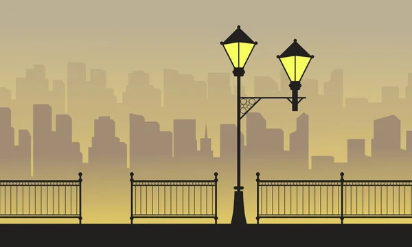 Sylwetka tło miasta z dekoracje lampy uliczne — Wektor stockowy