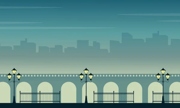 Силуэт моста с городскими пейзажами ночью — стоковый вектор