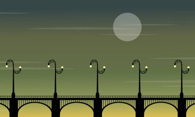 Köprü manzara siluetleri üzerinde çizgili sokak lambası