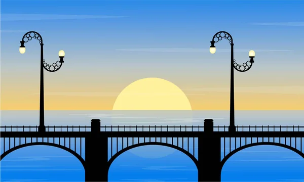 Silueta de puente con farola al atardecer — Vector de stock