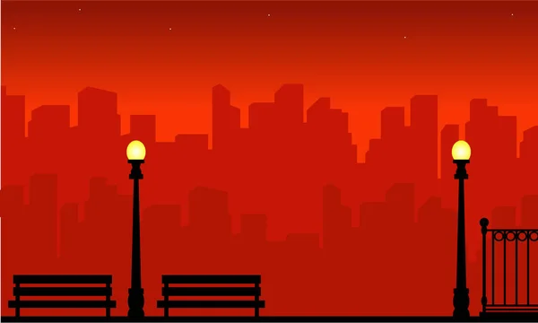 Sobre fondo rojo ciudad con escenario de farola — Vector de stock