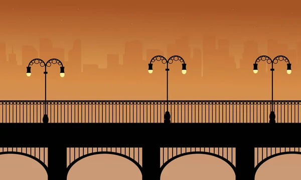Мост с уличной лампой пейзаж силуэтов — стоковый вектор