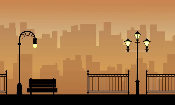 Silhouette de clôture de chaise et lampe sur la rue — Image vectorielle