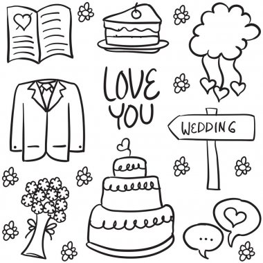 Çeşitli düğün unsuru doodle