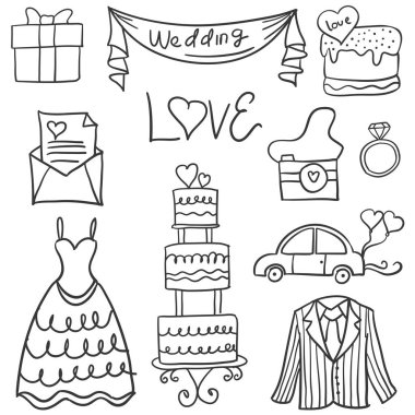 Doodle stil öğesinde düğün koleksiyonu