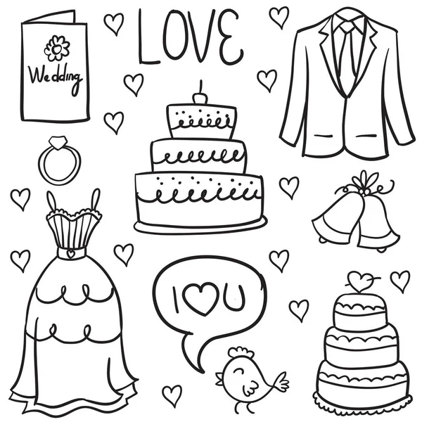 Ilustraciones de boda dibujadas en estilo garabato — Vector de stock