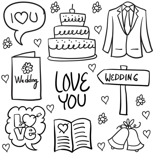 Doodle de casamento desenho de mão de vários elementos — Vetor de Stock