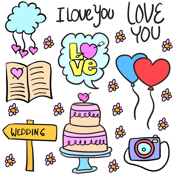 Doodle del estilo colorido del objeto de la boda — Vector de stock