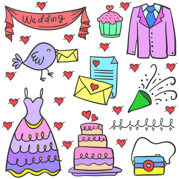 Doodle de conjunto de elementos de casamento — Vetor de Stock