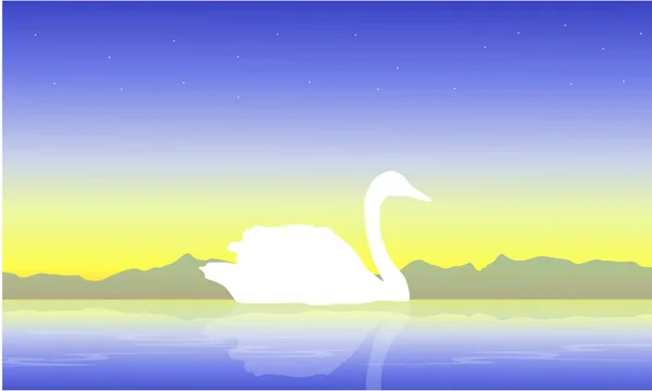Cisne branco em silhuetas de paisagem de lago — Vetor de Stock