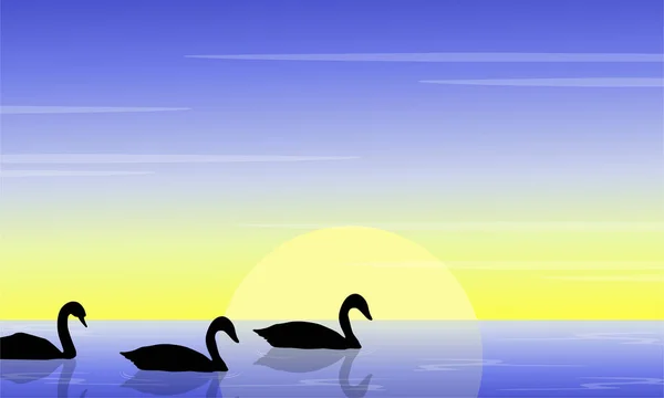 Beauty swan on lake scenery silhouette — Stock Vector