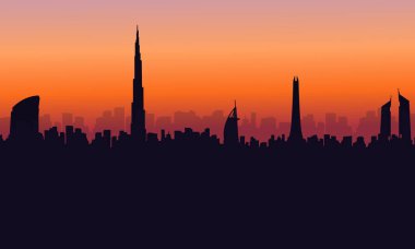 Gün batımı sahne binasında Dubai silüeti