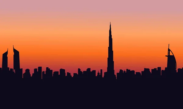 At sunset dubai scenery silhouettes — Stock Vector