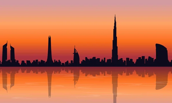 Reflection dubai skyline scenery of silhouettes — Stock Vector