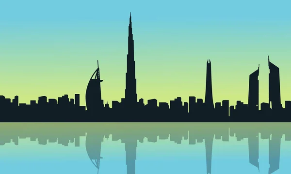 Dubai skyline with reflection scenery silhouettes — Stock Vector