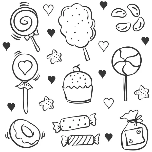 Viele verschiedene Süßigkeiten Hand Draw Doodles — Stockvektor
