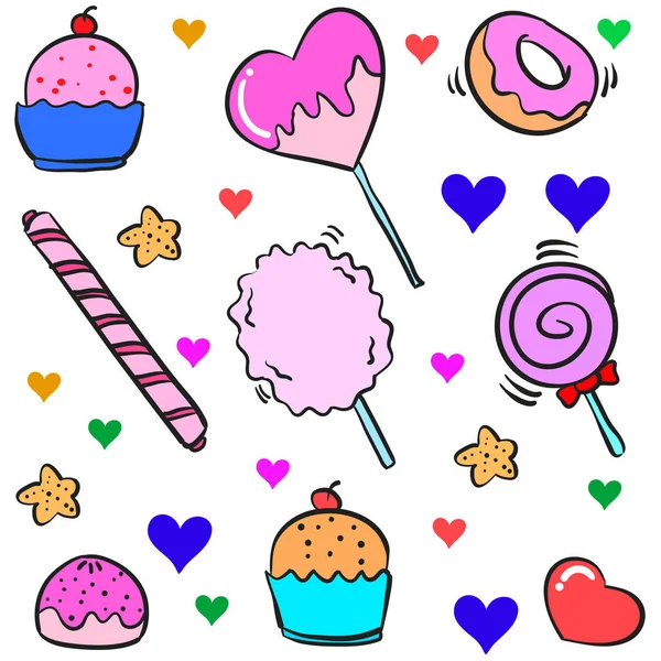 Vektor Kunst Süßigkeiten verschiedene bunte Doodle — Stockvektor