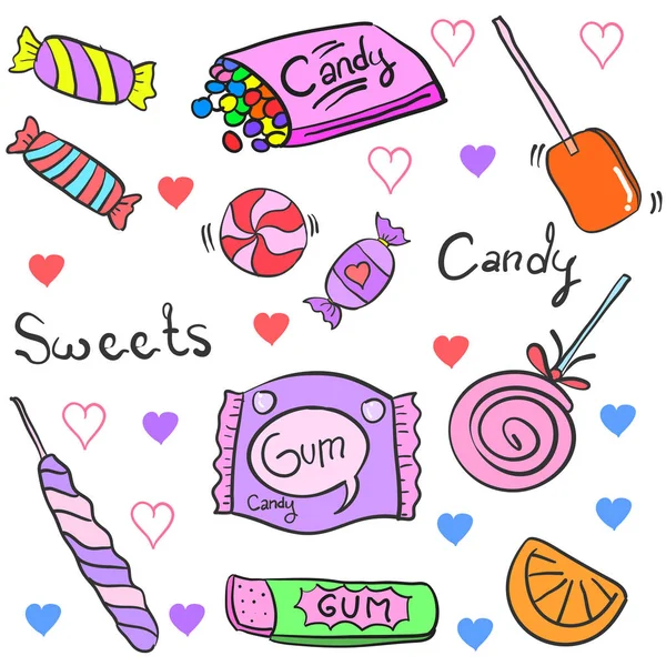 Doodle de dulces varios estilo de dibujos animados — Vector de stock