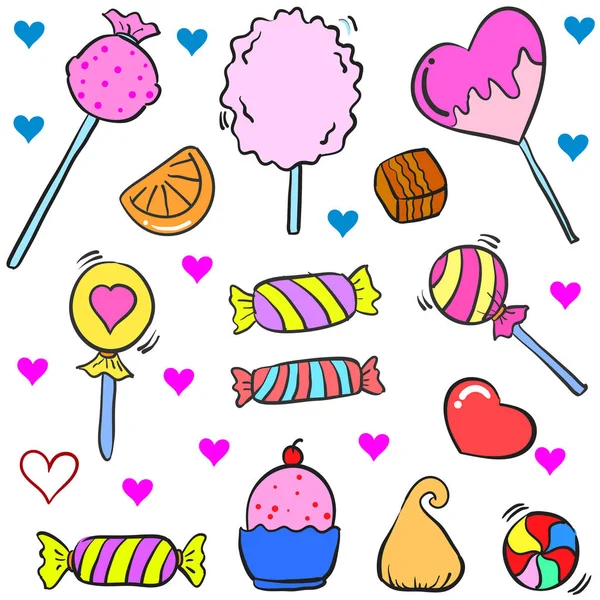 Sammlung von Süßigkeiten verschiedenen Doodle-Stil — Stockvektor