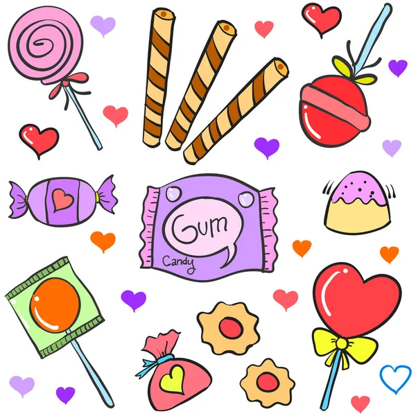 Különböző candy kezét felhívni doodle stílus — Stock Vector