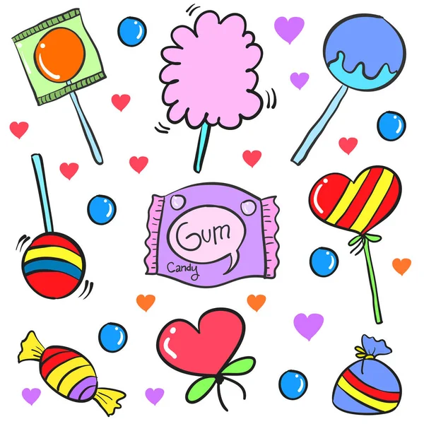 Candy vários alimentos doodle estilo coleção — Vetor de Stock