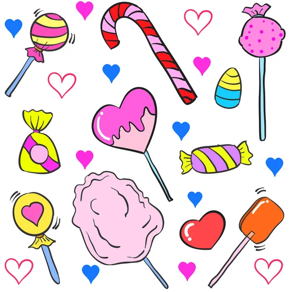 Doodle de varios dulces estilo de dibujos animados coloridos — Vector de stock