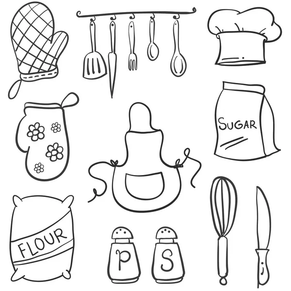 Doodle de colección de estilo conjunto de cocina — Vector de stock