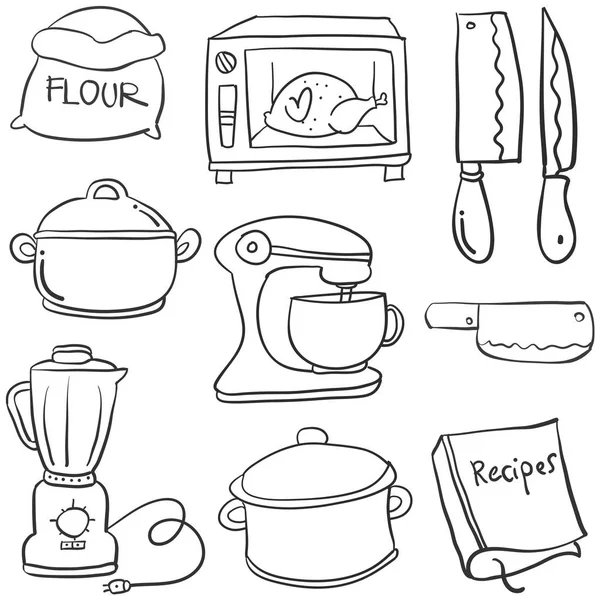 Cocina conjunto mano dibujar dibujos animados garabatos — Vector de stock
