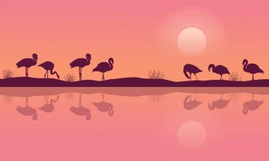 Flamingo üzerinde nehir sahne siluet koleksiyonu